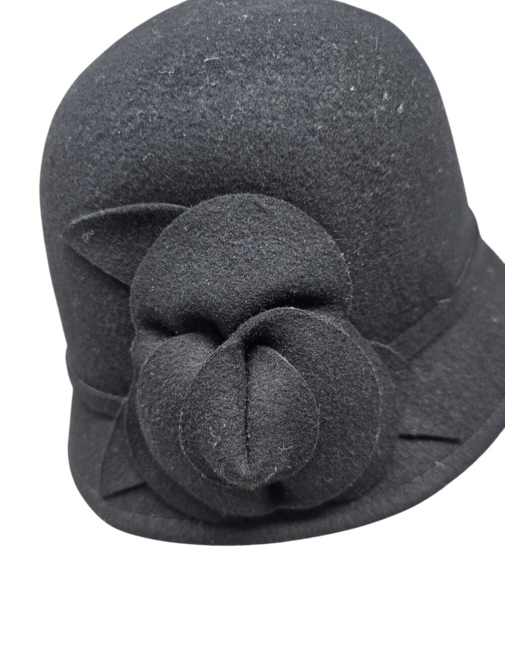 Nine West 100% Wool Cloche Hat Rosette Flower Black One Size